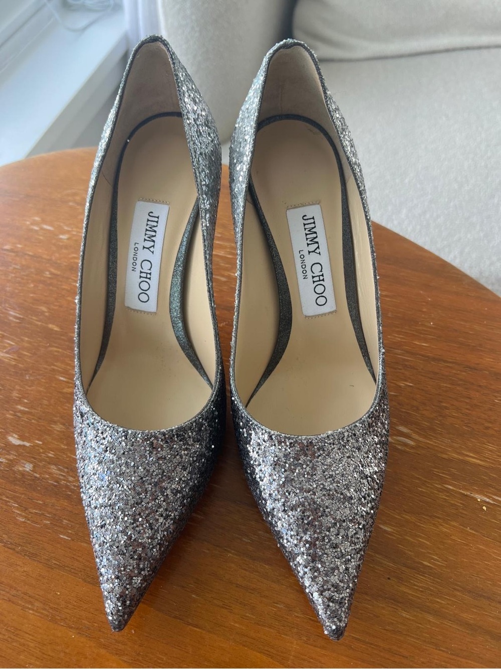 Jimmy Choo Silver Glitter Pointed Pumps